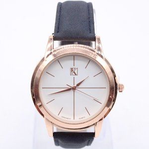 K Watch Mens Watch Gold Tone Stainless Steel Classic Black Leather Band